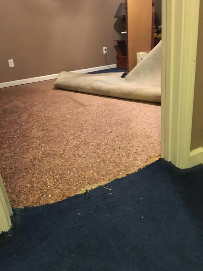 Carpet pad removal revealing water damage during Water Mitigation Services in Mechanicville